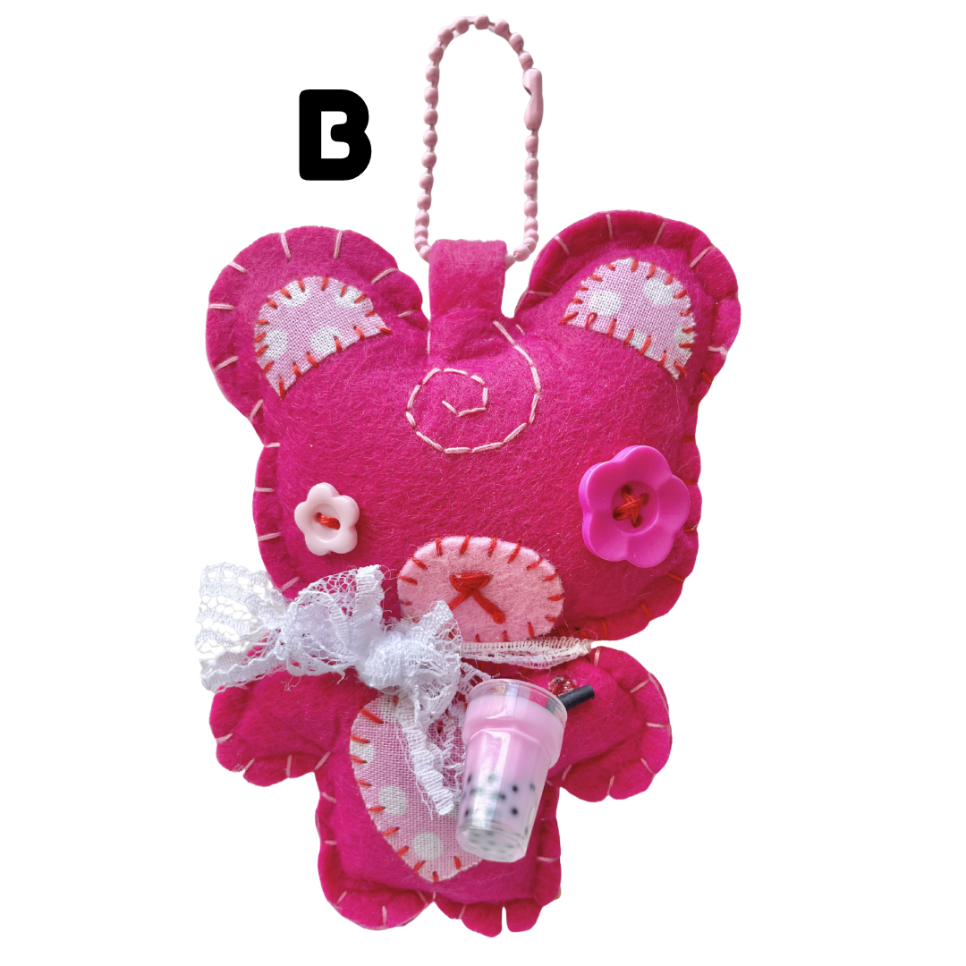 Handmade Dark Strawberry Boba Bear Felt Keychain