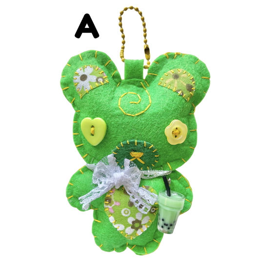 Handmade Honeydew Boba Bear Felt Keychain