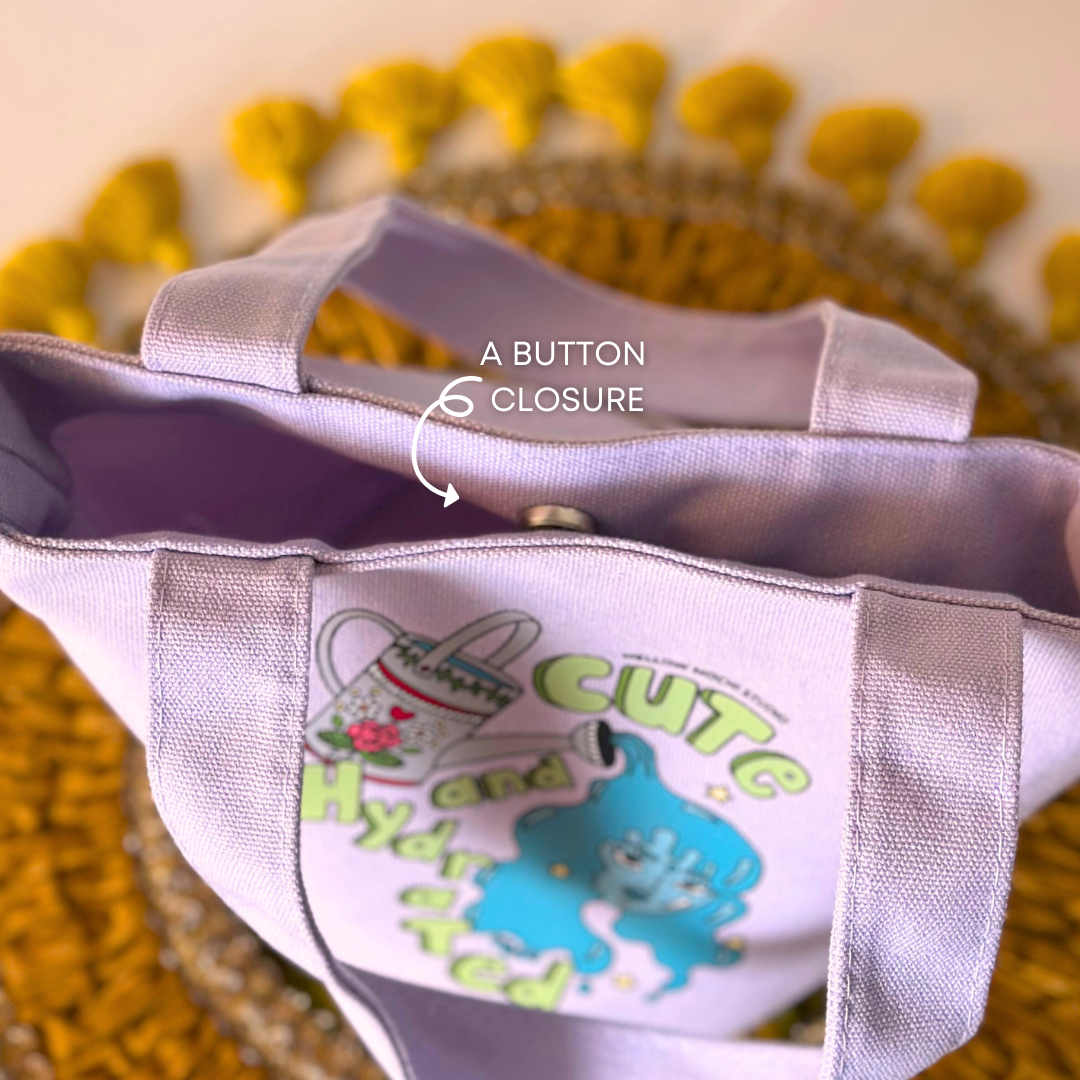 bag with cartoon design and text on a textured surface