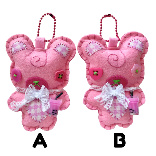 Handmade Light Strawberry Boba Bear Felt Keychain