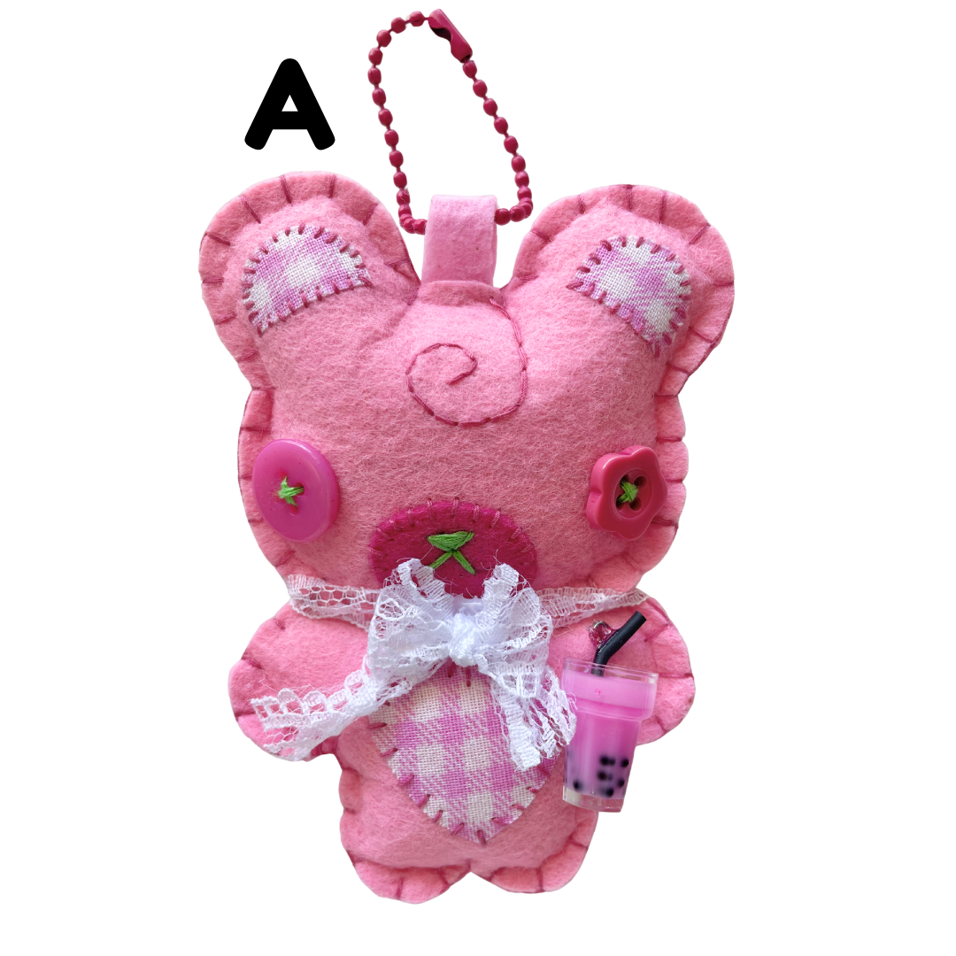 Handmade Light Strawberry Boba Bear Felt Keychain