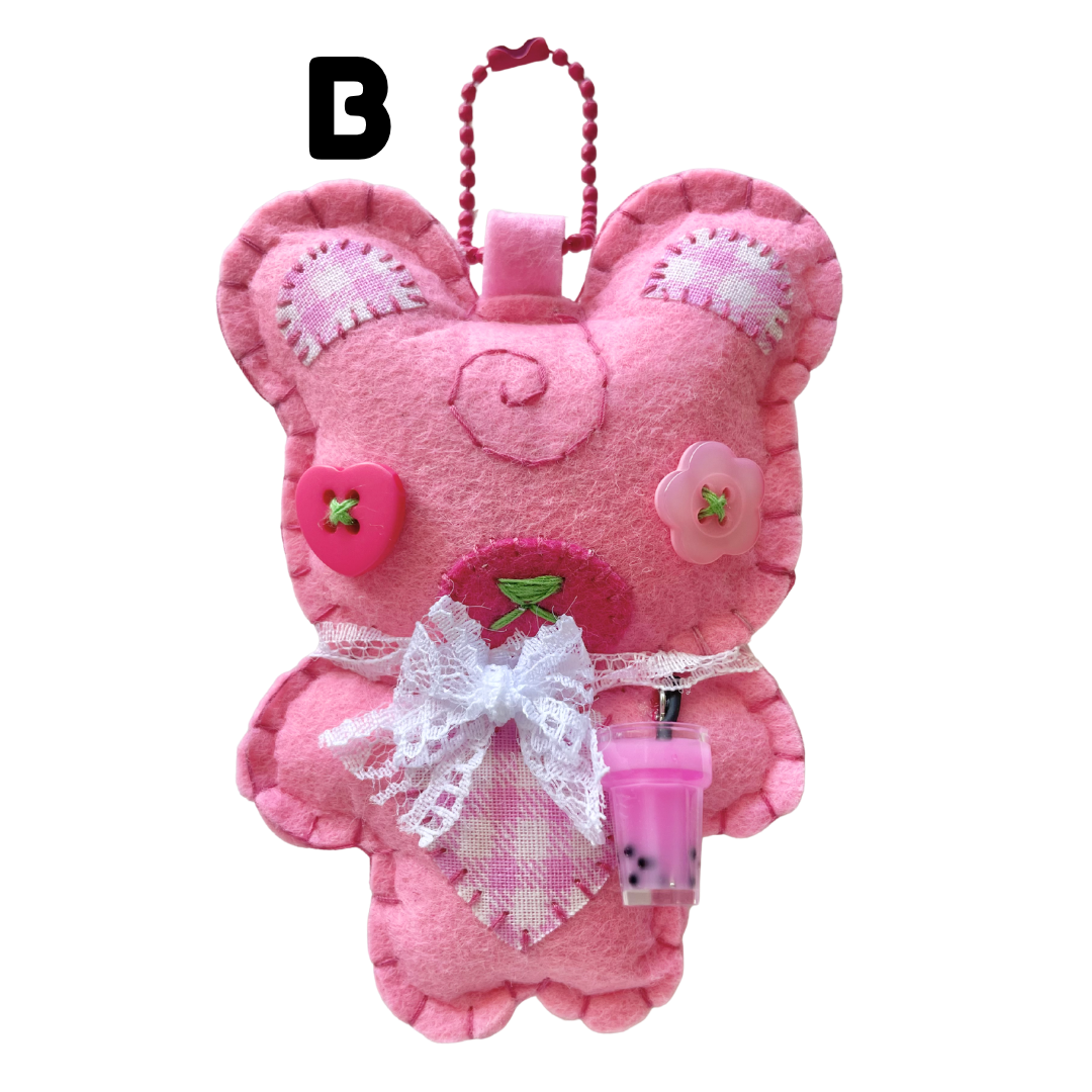 Handmade Light Strawberry Boba Bear Felt Keychain