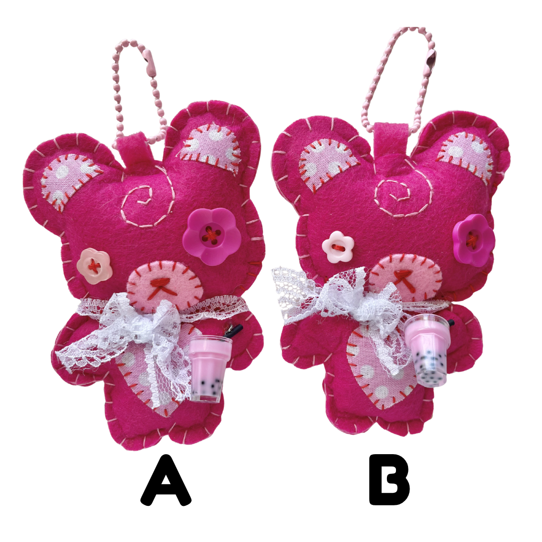Handmade Dark Strawberry Boba Bear Felt Keychain