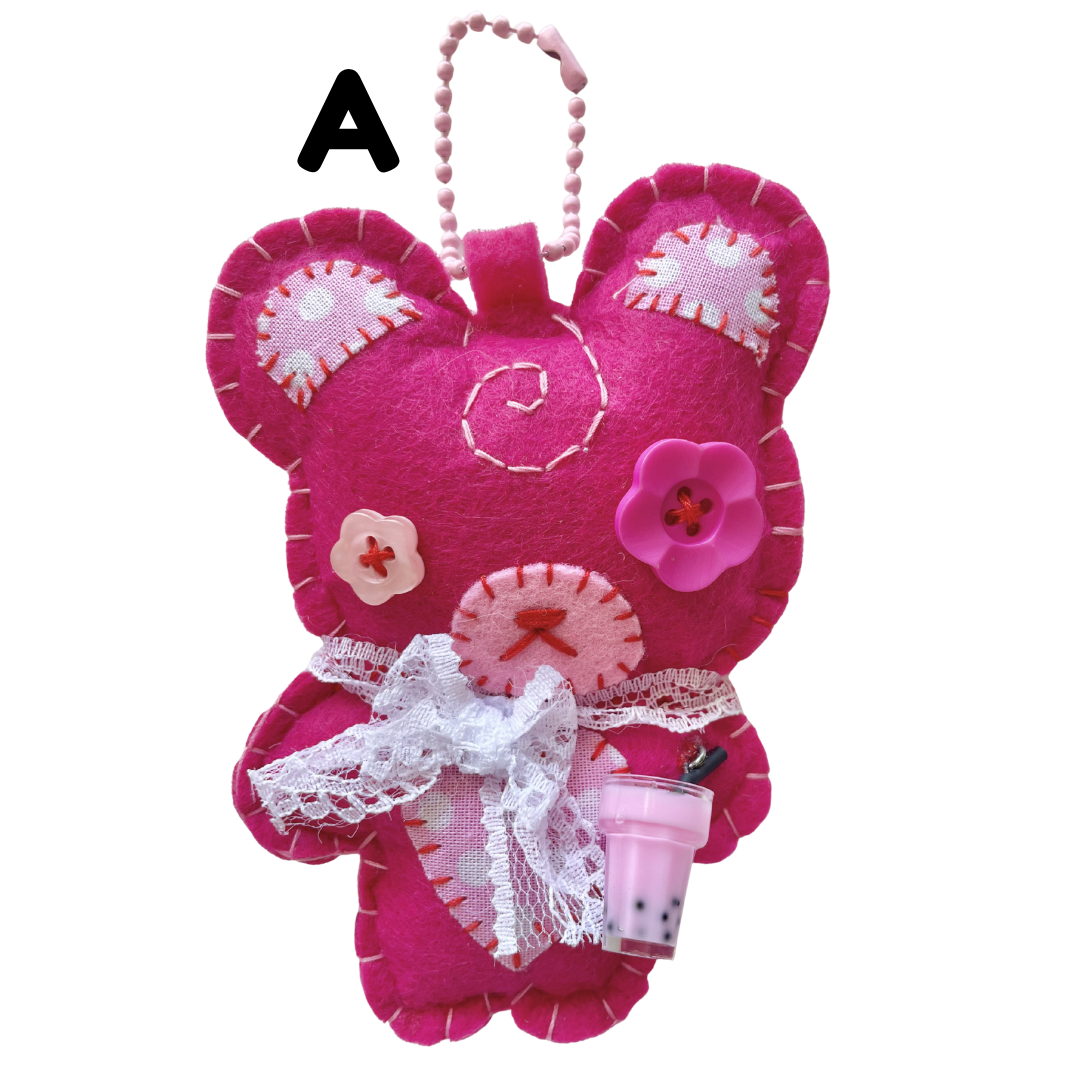 Handmade Dark Strawberry Boba Bear Felt Keychain