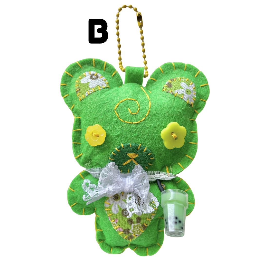 Handmade Honeydew Boba Bear Felt Keychain