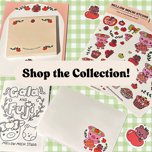 Sticker sheets and stationery items with 'Mellow Mochi Studio' branding on a checkered background. Gala and fuji collection. Pig and Bear with apples. 