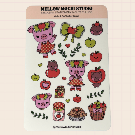 Sticker sheet from Mellow Mochi Studio with cute illustrations of pigs, bears, apples, and jars on a checkered background.