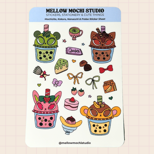 Sticker sheet from Mellow Mochi Studio with various cute illustrations on a checkered background.